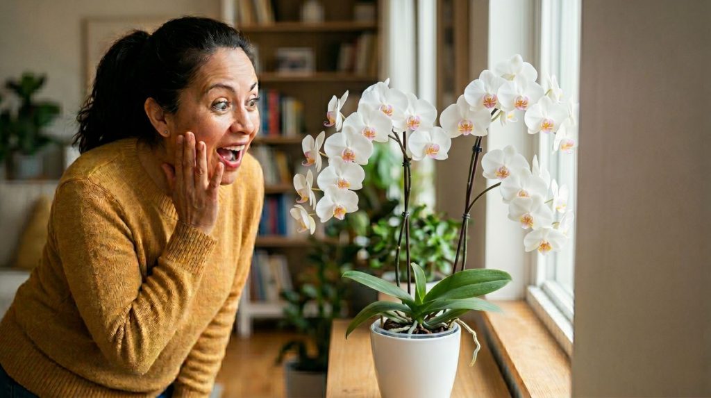 Persona sorprendida del buen estado de su orquídea aplicando los cuidados adecuados.