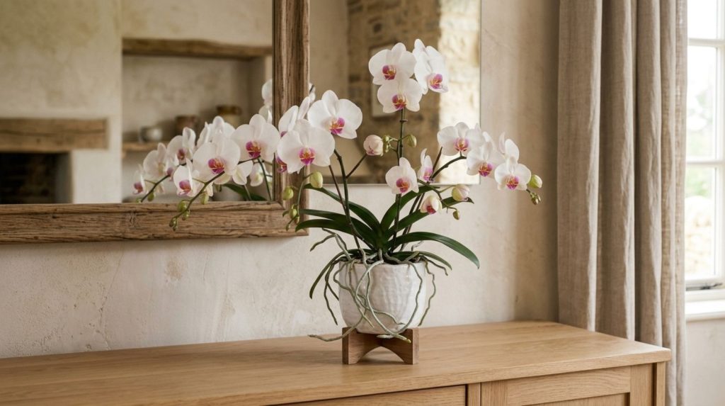 Orquídeas Phalaenopsis colocada en una maceta decorativa, encima de un aparador en una casa con decoración rustica.