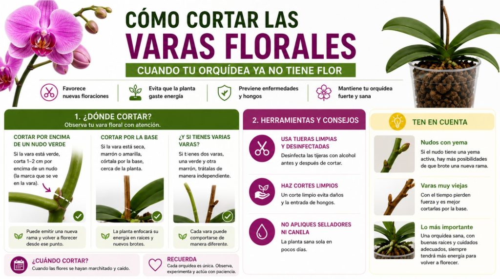 Infografía de como debes cortar las varas florales de tu orquídea, una vez pierden la flor.
