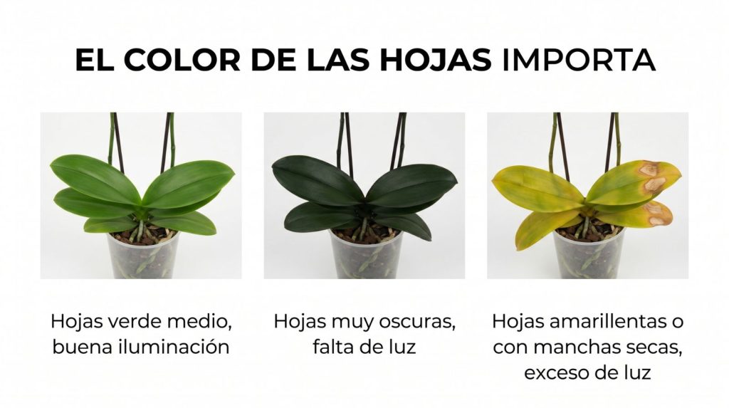 Infografía del los diferentes colores en las hojas de una orquídea Phalaenopsis, según el tipo de iluminación que recibe