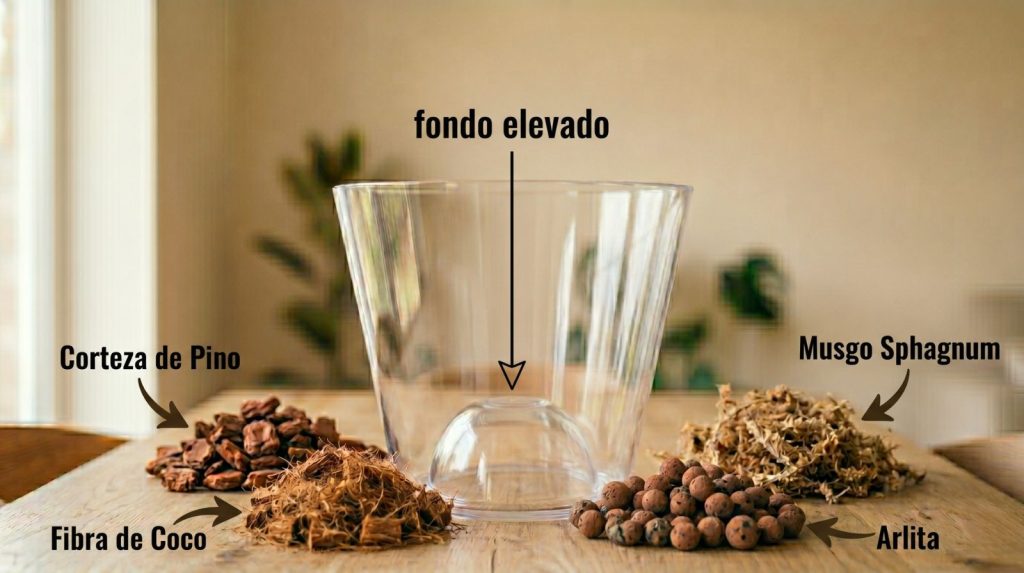 Imagen de maceta específica para orquídeas, y los diferentes componentes del sustrato, corteza de pino, musgo sphagnum, fibra de coco y arlita.