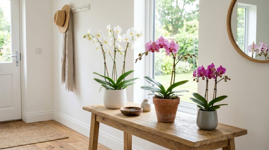 Orquídeas Phalaenopsis blanca en maceta junto a una ventana con luz natural indirecta.