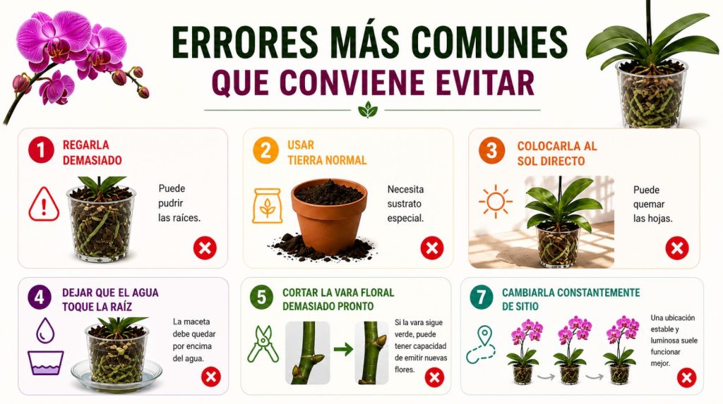 Infografía de los erros más comunes que se cometen al cuidar la orquídea Phalaenopsis en casa y que debes evitar.