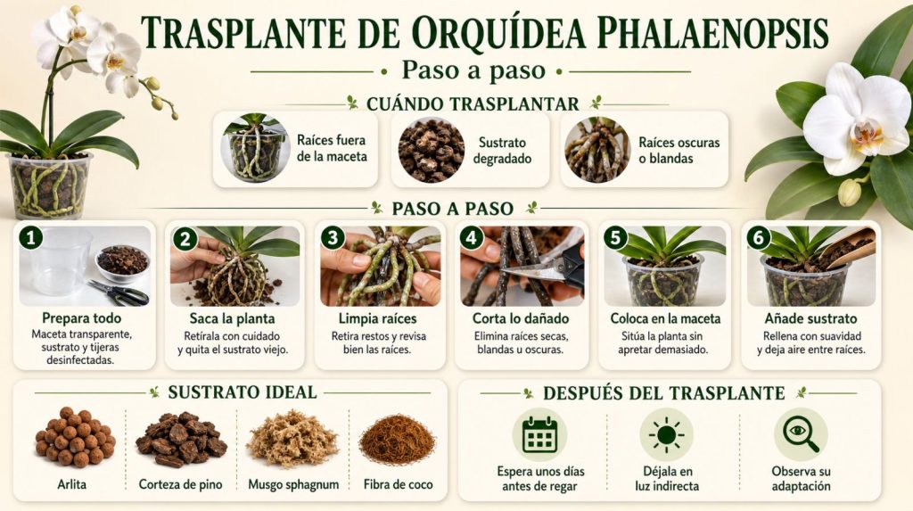 Imagen con el paso a paso para realizar un trasplante de una orquídea Phalaenopsis.