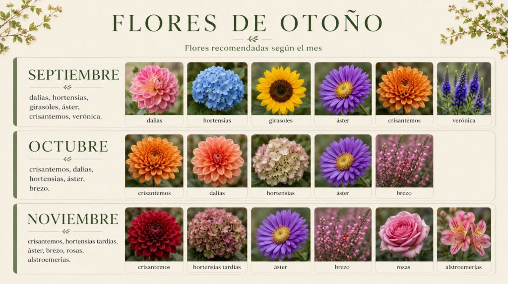 Flores de otoño. Infografía de flores que puedes encontrar en el otoño en nuestra floristería en Madrid.