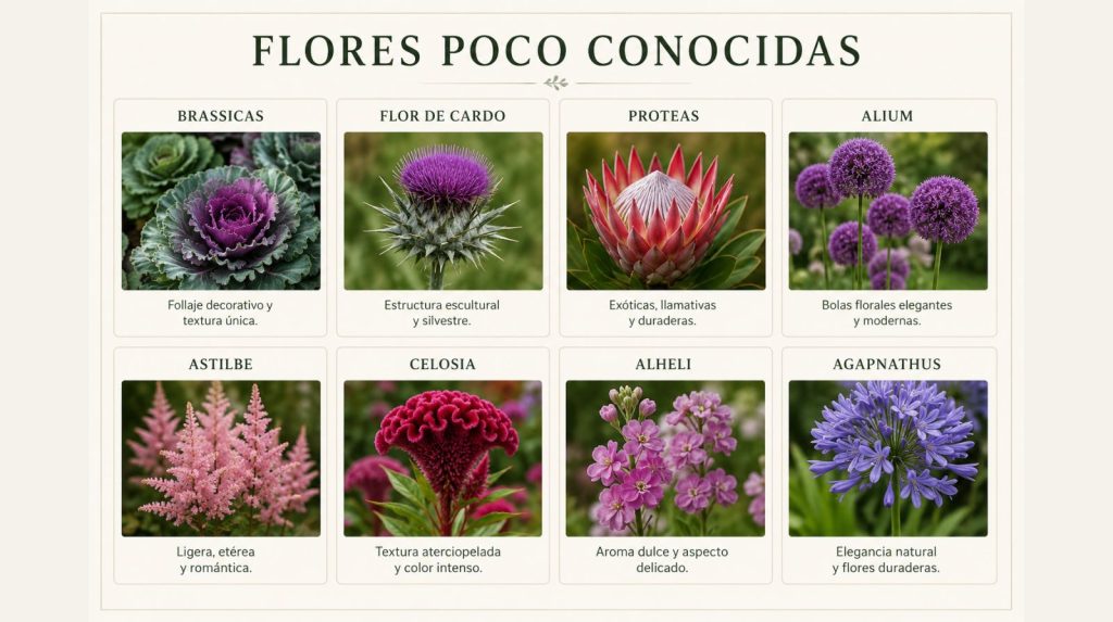 Flores poco conocidas. Infografía de flores poco conocidas para hacer un ramo de flores diferente.