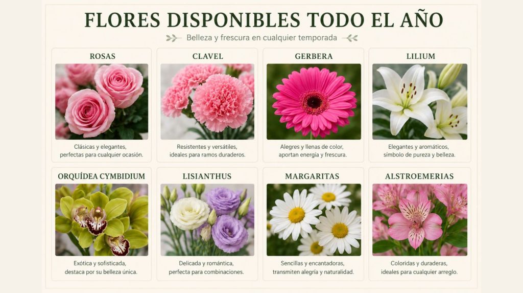 Flores más utilizadas. Infografía de las flores que puedes encontrar de manera habitual en nuestros ramos de flores con envío en Madrid.