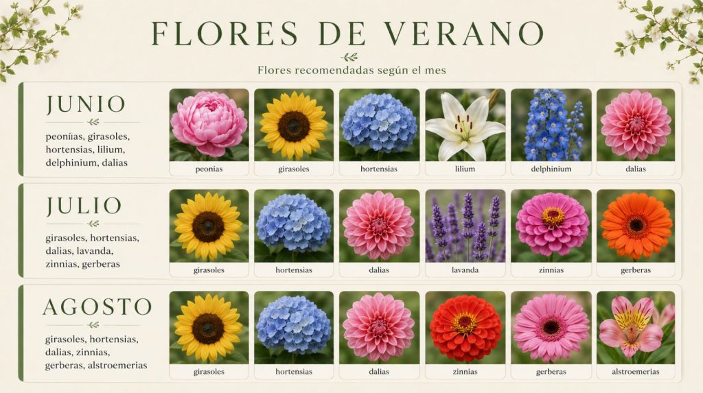 Flores de verano. Infografía de flores disponibles en los meses más calurosos del año.