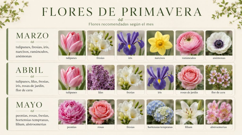 Flores de primavera. Infografía de flores más habituales disponibles en primavera.