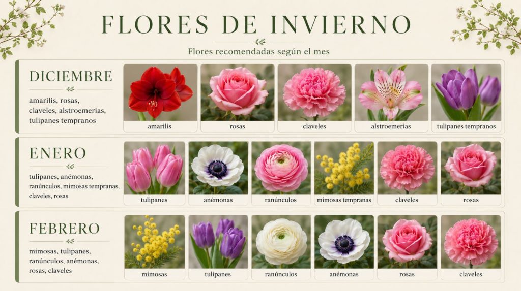 Flores de invierno. Infografía de las flores disponibles para hacer un ramo de flores en invierno