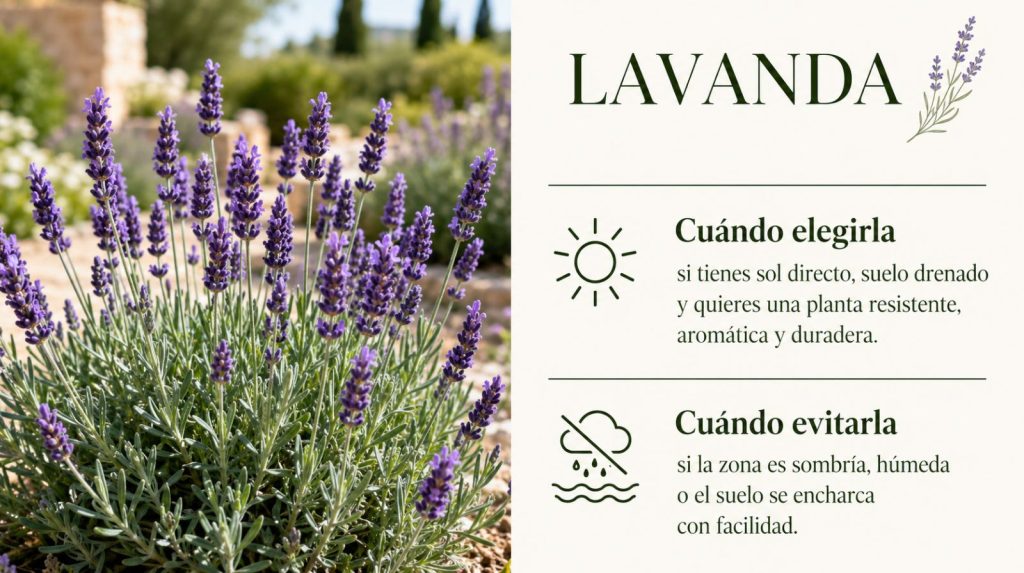 Lavanda: cuándo elegirla y cuándo evitarla Lavanda en flor, planta vivaz resistente al sol para exterior en Madrid