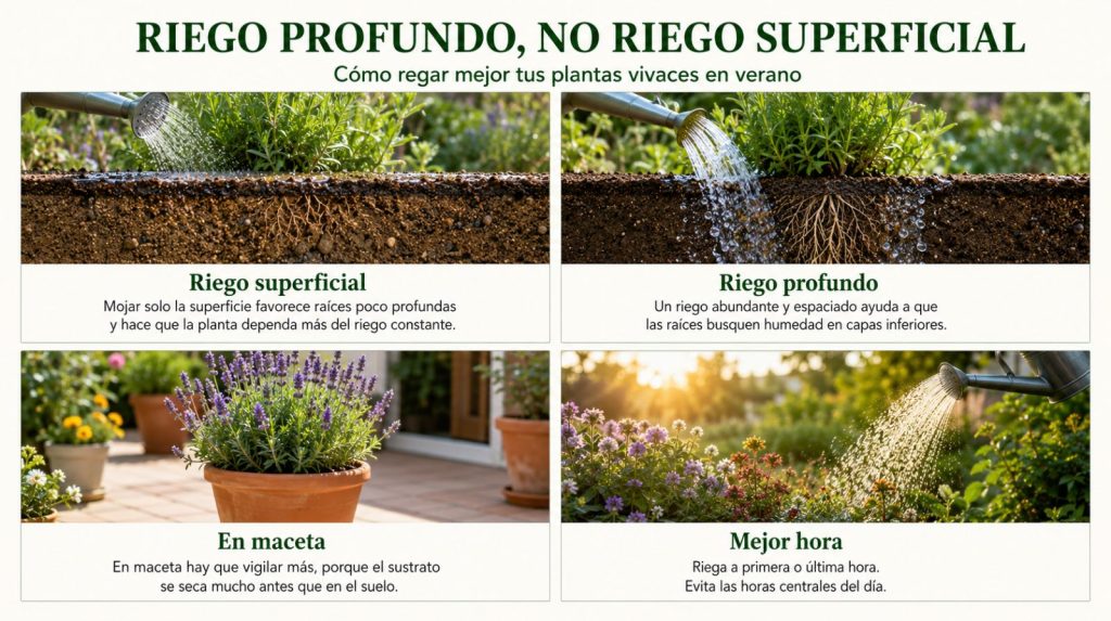 Riego profundo: cómo regar bien las vivaces en verano Comparativa entre riego superficial y riego profundo en plantas vivaces de verano