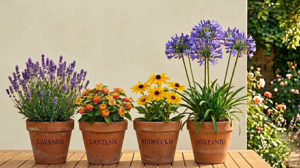 Plantas vivaces para jardines y terrazas en verano Selección de plantas vivaces para terraza en Madrid: lavanda, lantana, rudbeckia y agapanto