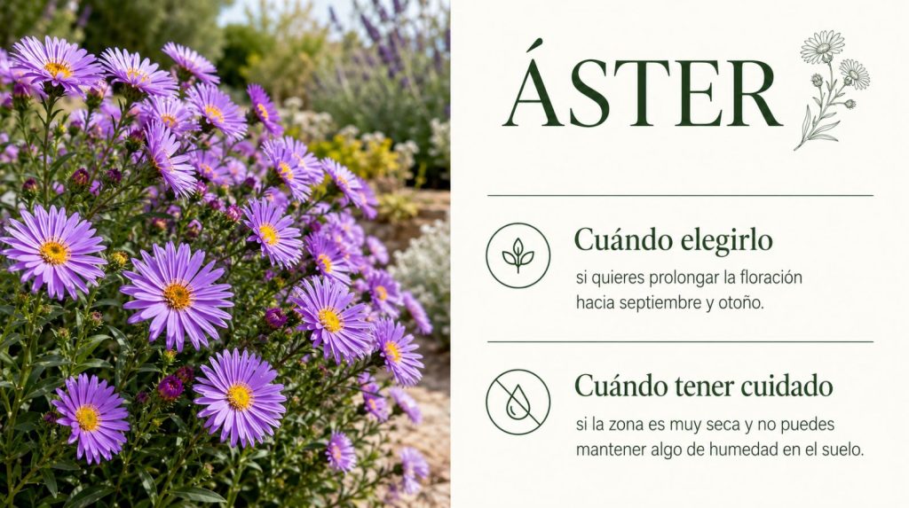 Áster: vivaz para mantener color a finales de verano Áster con flores moradas tipo margarita, planta vivaz para alargar la floración hasta otoño