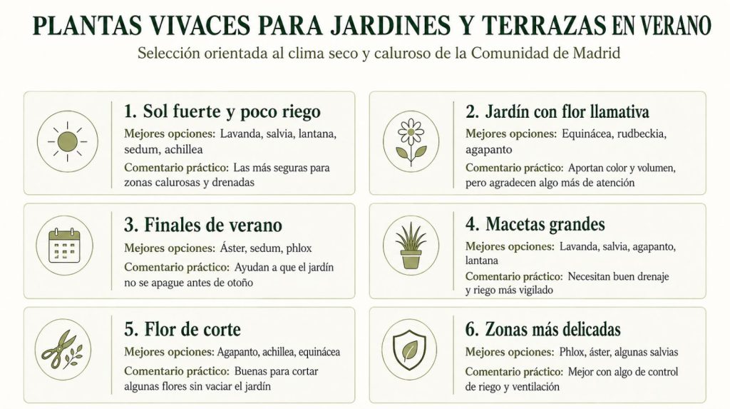 Qué plantas vivaces elegir según la situación del jardín o terraza Selección de plantas vivaces según la situación del jardín o terraza: sol fuerte, flor llamativa, finales de verano, macetas grandes, flor de corte y zonas delicadas, para el clima de Madrid