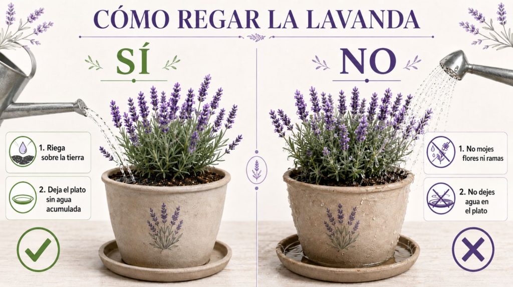 Cómo regar la lavanda y errores a evitar Infografía cómo regar la lavanda: regar sobre la tierra sin mojar flores ni dejar agua en el plato