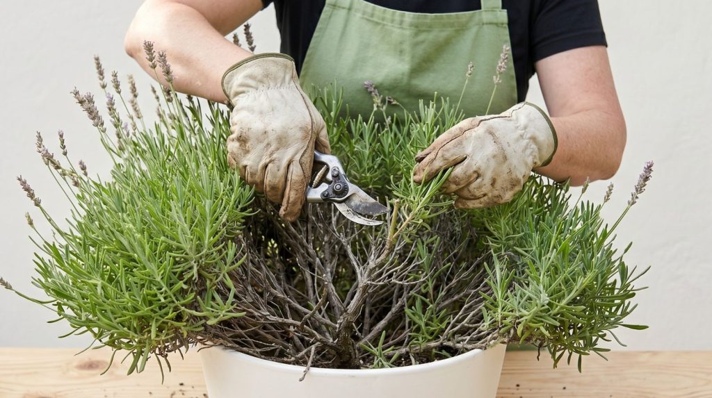 Cuándo y cómo podar la lavanda correctamente Manos con guantes podando una lavanda con tijeras, mostrando la madera interior leñosa