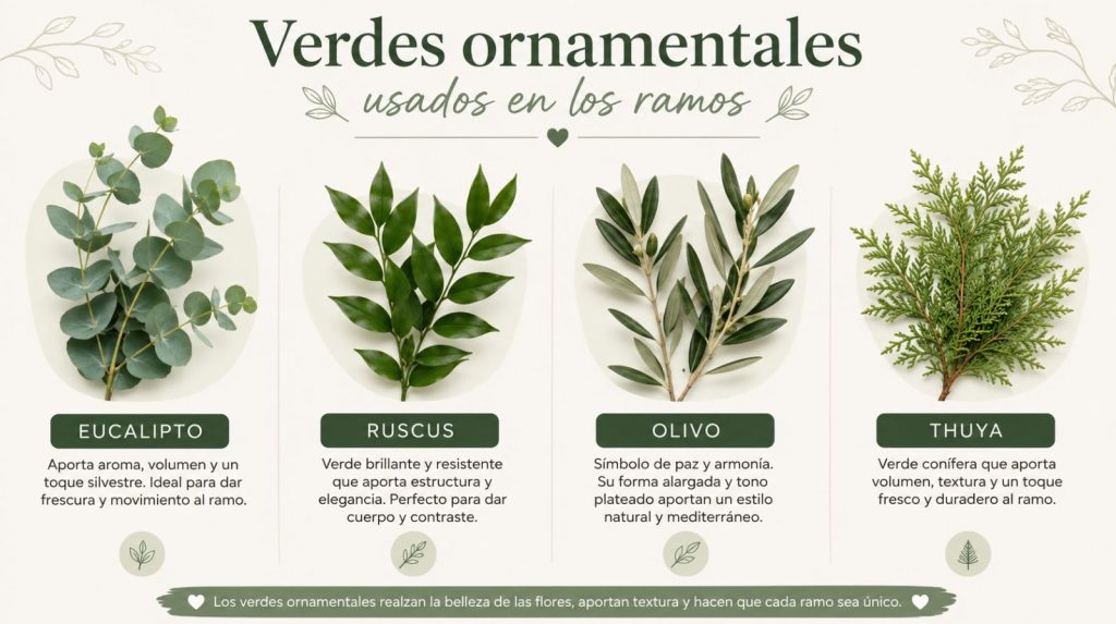 Infografía de verdes ornamentales: eucalipto, ruscus, olivo y thuya
