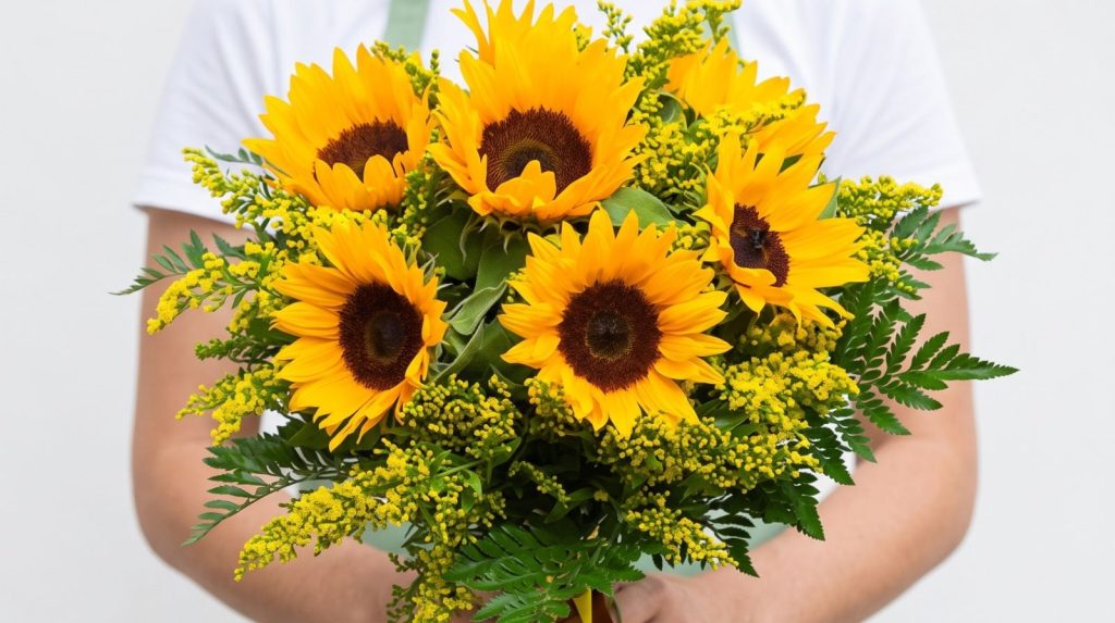 Ramo de girasoles frescos Ramo de girasoles frescos sostenido por florista, envío a domicilio en Madrid