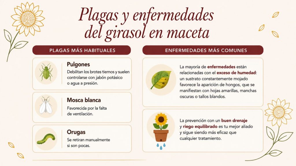 Plagas y enfermedades del girasol en maceta Plagas y enfermedades más frecuentes del girasol en maceta: pulgones, mosca blanca, orugas y hongos, con consejos de prevención