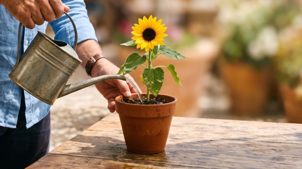 Cómo regar un girasol en maceta correctamente Persona regando con regadera un girasol joven en maceta de terracota