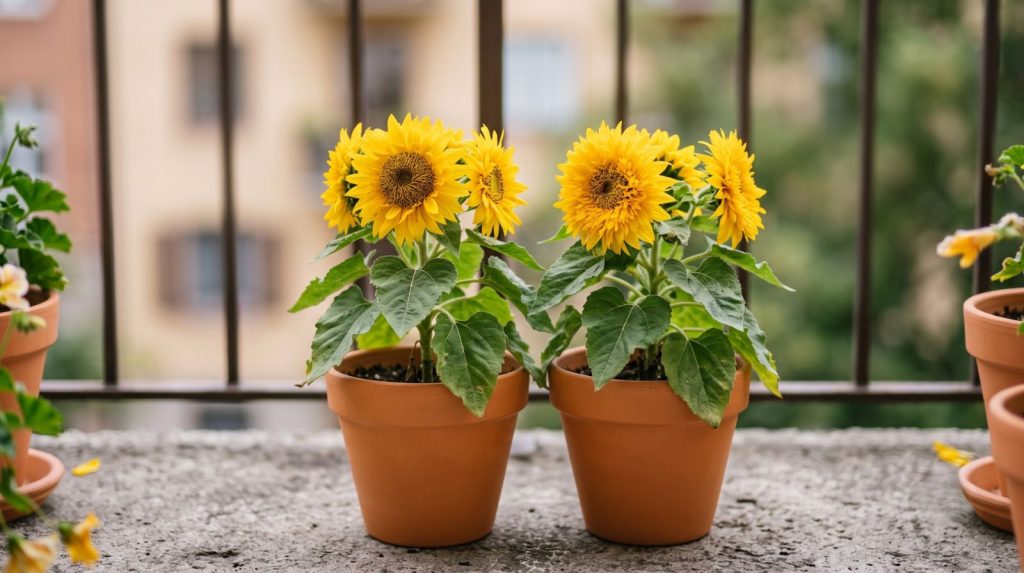 Girasol en maceta en un balcón soleado Girasoles en maceta de terracota en una terraza urbana con luz solar directa
