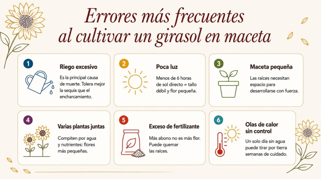 Errores más frecuentes al cultivar un girasol en maceta Infografía con los errores más frecuentes al cultivar un girasol en maceta: riego, luz, tamaño de maceta y calor