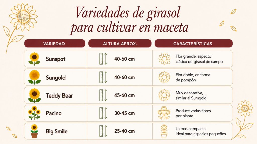 Variedades de girasol para cultivar en maceta Tabla comparativa de variedades de girasol para maceta: Sunspot, Sungold, Teddy Bear, Pacino y Big Smile con altura y características