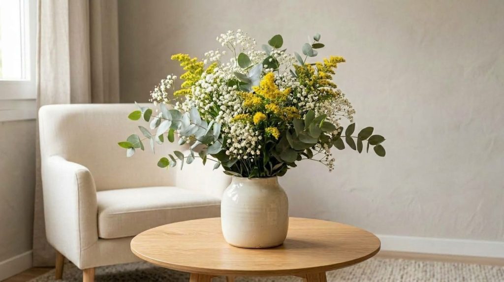 Flores preservadas eucalipto y solidago amarillo Jarrón con flores preservadas de eucalipto cinerea, paniculata blanca y solidago amarillo en salón