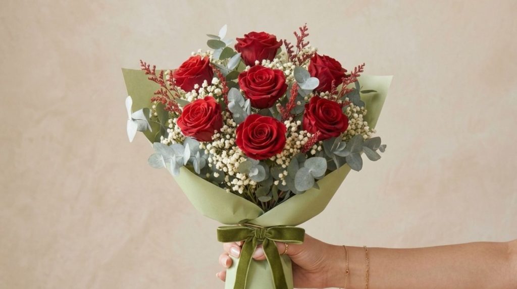 Ramo de 6 rosas preservadas Ramo de 6 rosas preservadas con gypsophila y lazo verde salvia
