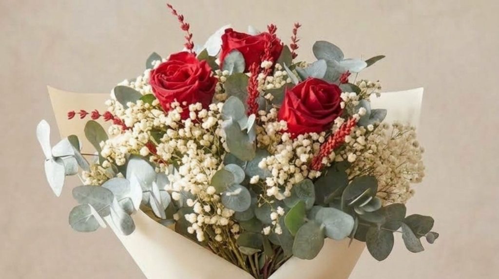 Ramo de flores preservadas envuelto para regalo Ramo de flores preservadas con rosas rojas y eucalipto envuelto para regalo en papel kraft