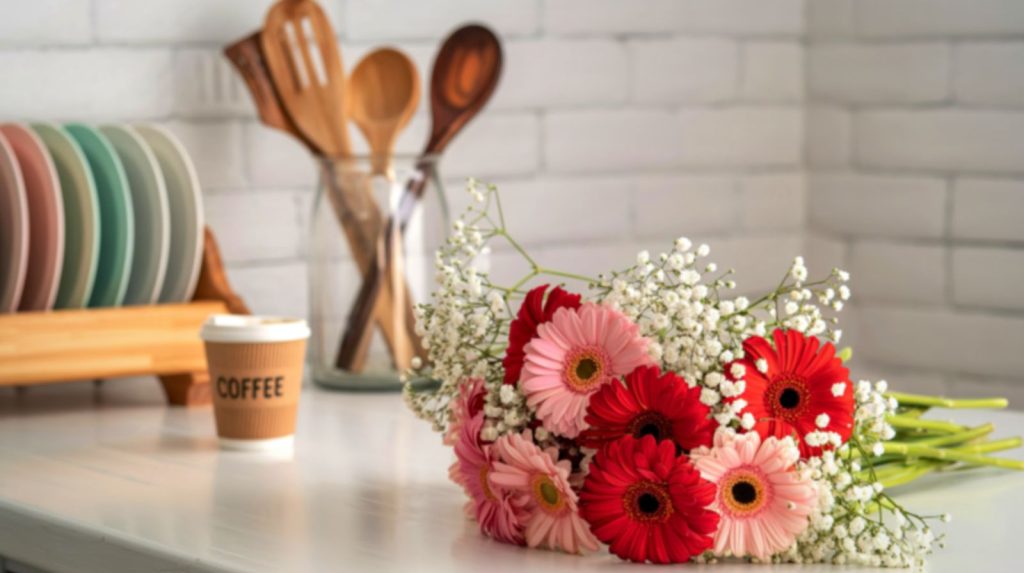 Flores en casa Flores de gerberas en una cocina en casa