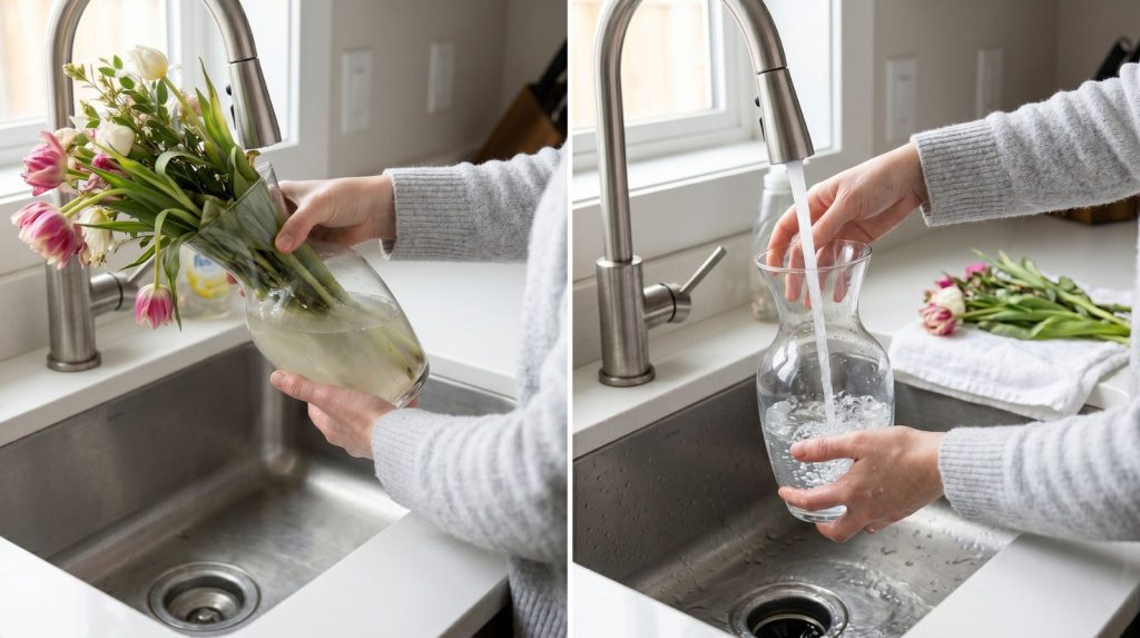 Persona cambiando el agua de un jarrón que contiene un ramo de flores