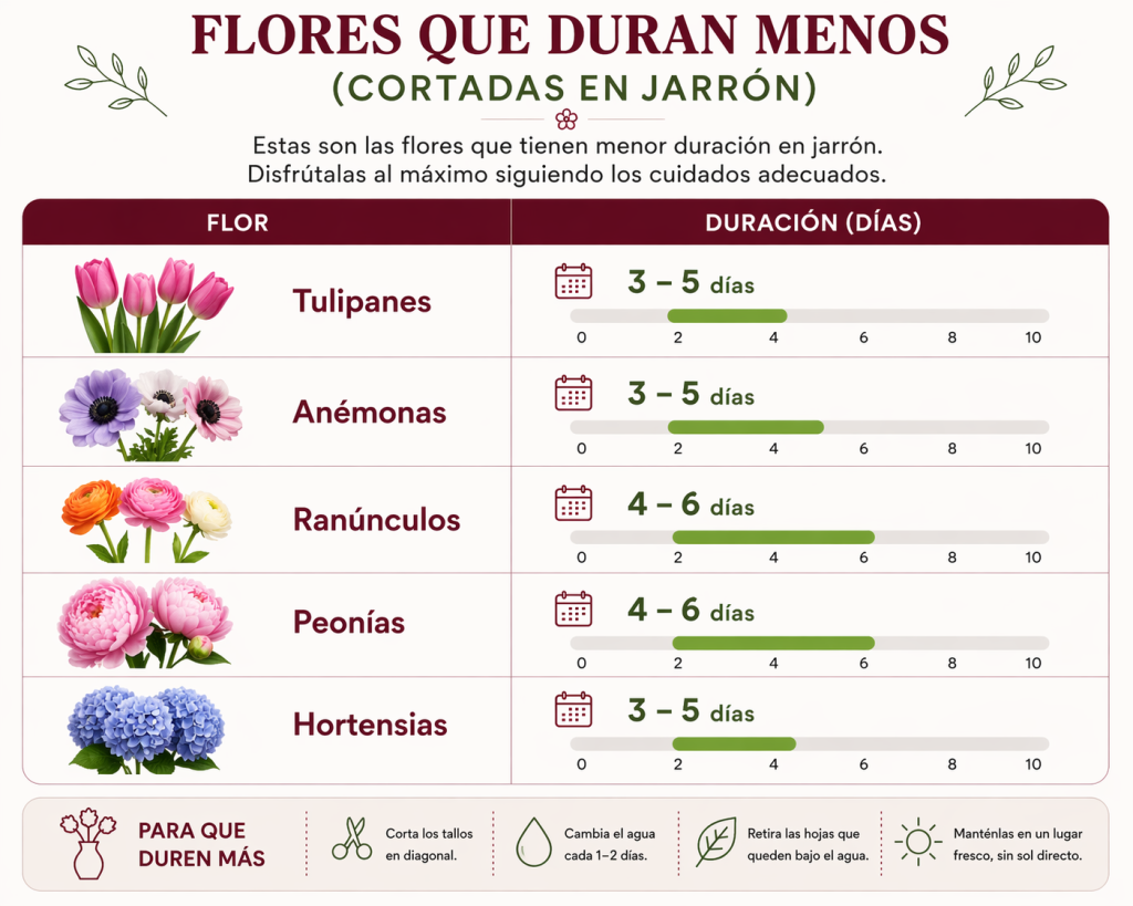 Infografía con las flores que menos duran en ramo de flor cortada