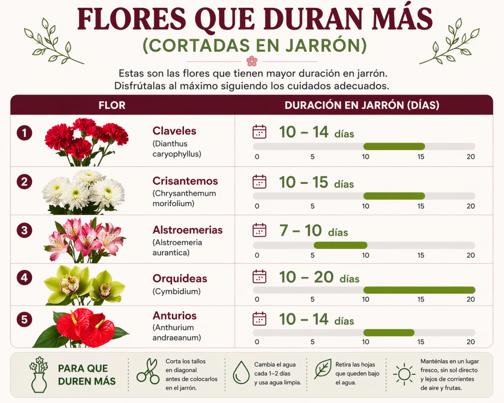 Infografía de las variedades de flor que más duran en un ramo de flores