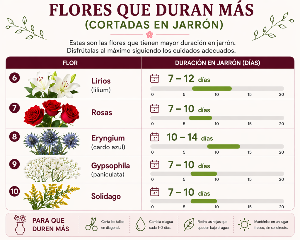 Infografía de flores que duran más tiempo en un jarrón, como lirios o rosas.
