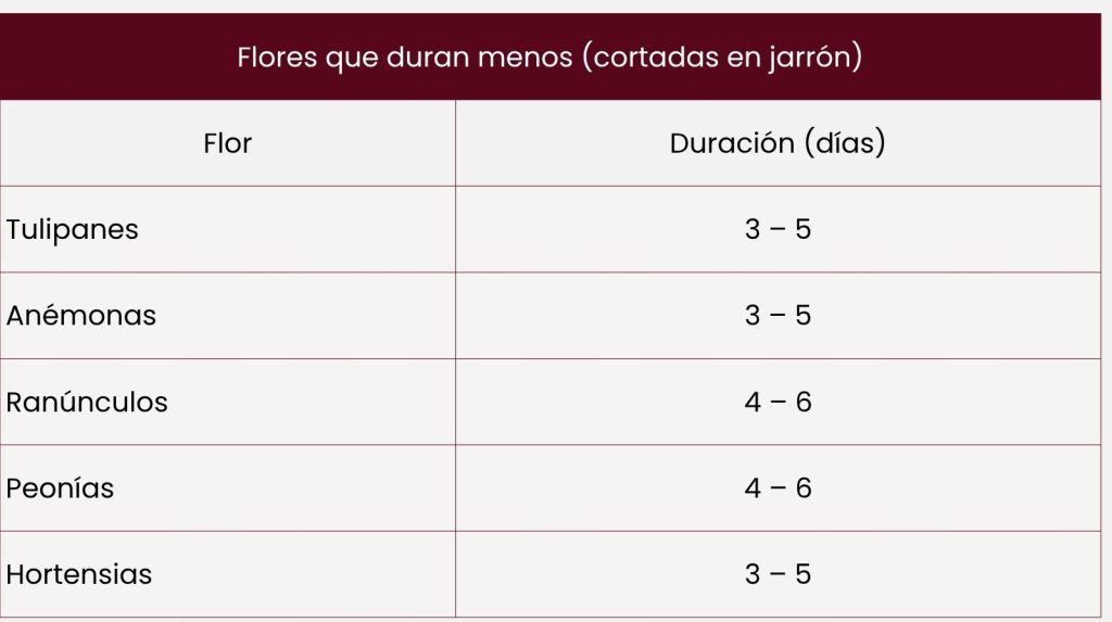 Tabla resumen de flores que duran menos tiempo una vez cortadas