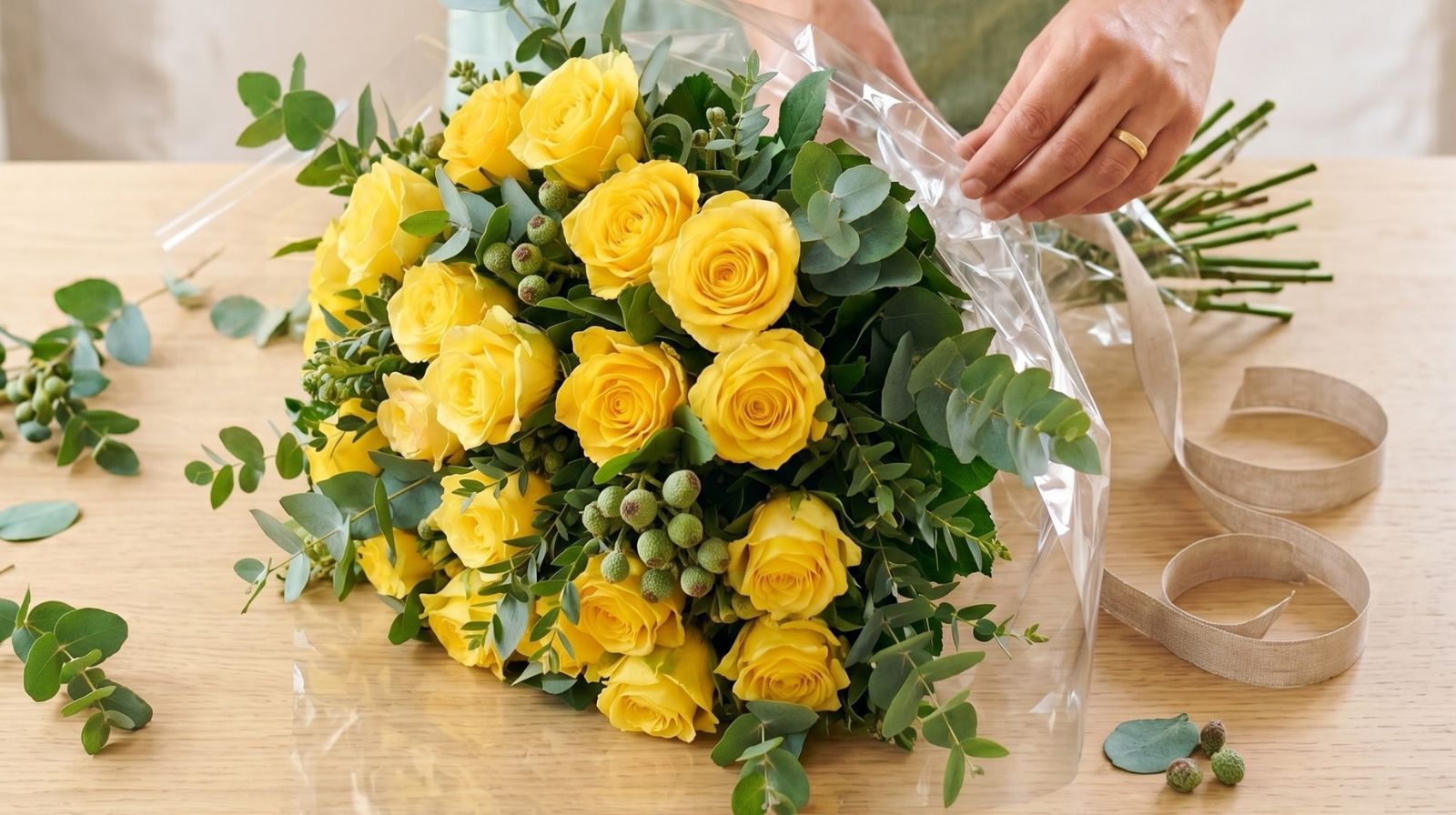 Rosas amarillas significado amistad Floristería preparando ramo de rosas amarillas — significado amistad y alegría