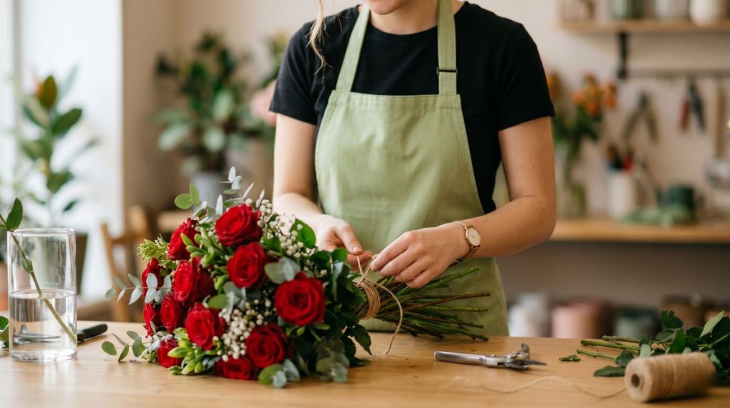 Ramo de rosas rojas preparado en floristería Floristería preparando ramo de rosas rojas — Flores como Soles