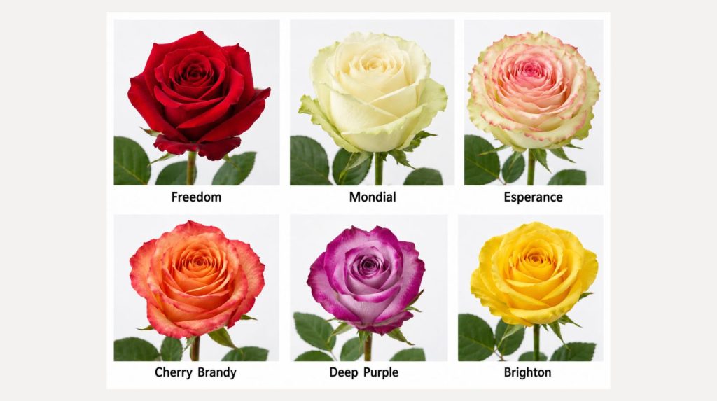 Variedades de rosas más conocidas Variedades de rosas: Freedom, Mondial, Esperance, Cherry Brandy, Deep purple y Brighton