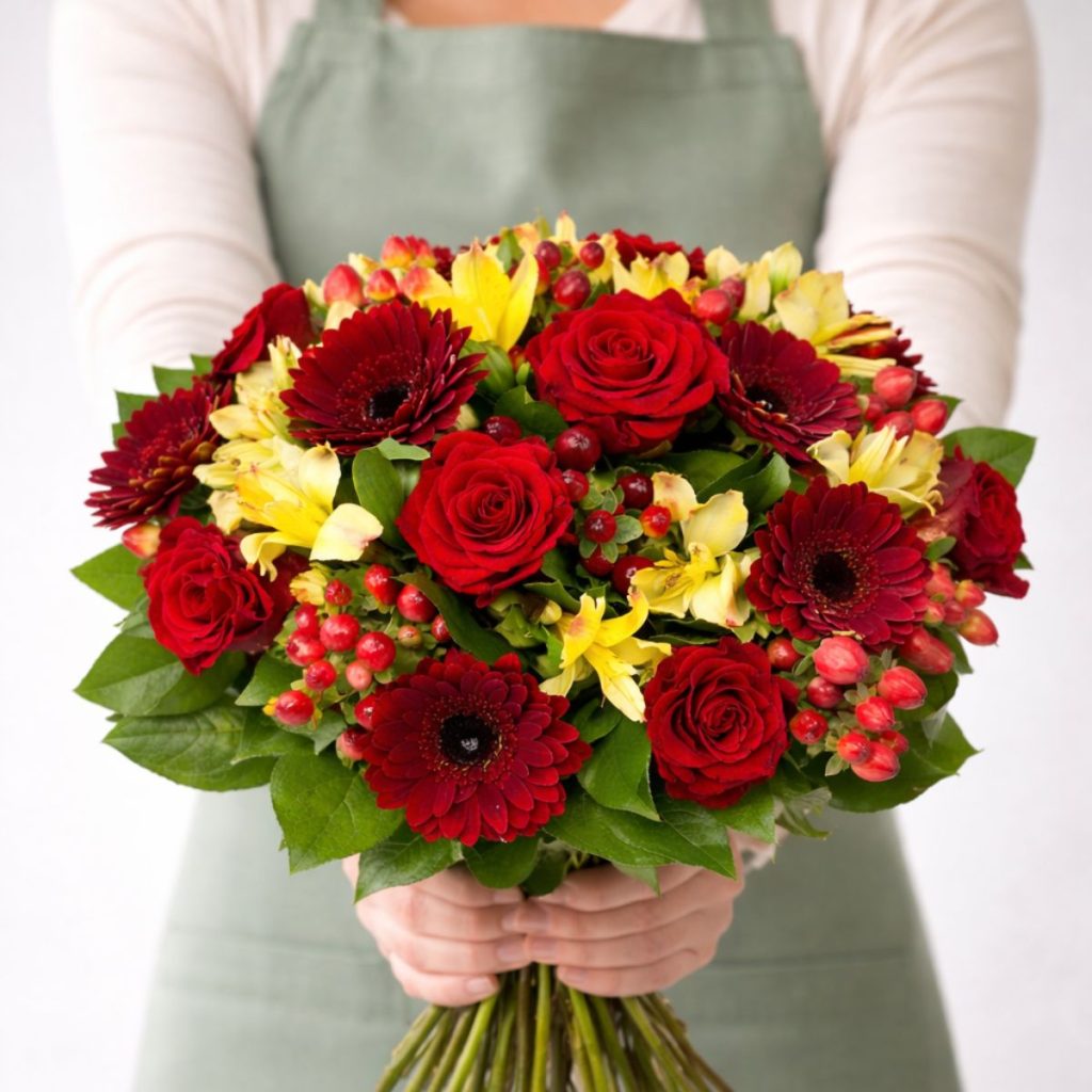 Ramo de gerberas y rosas Martina, en colores rojos y amarillos