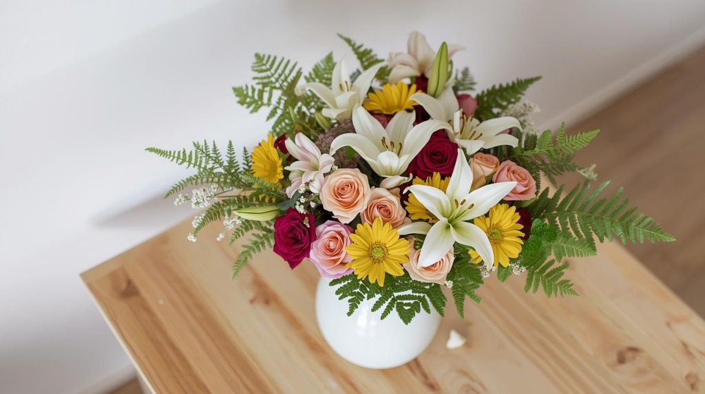 Ramo de flores de temporada ramo de flores variadas con margaritas lirios y rosas sobre mesa de madera