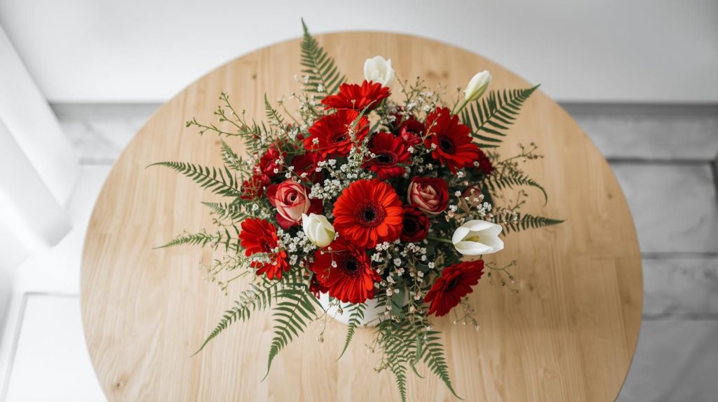 ramo de flores rojas ramo de flores rojas sobre mesa redonda de madera visto desde arriba