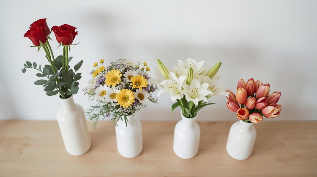 tipos de flores para ramos cuatro jarrones con distintos tipos de flores como rosas margaritas lirios y tulipanes