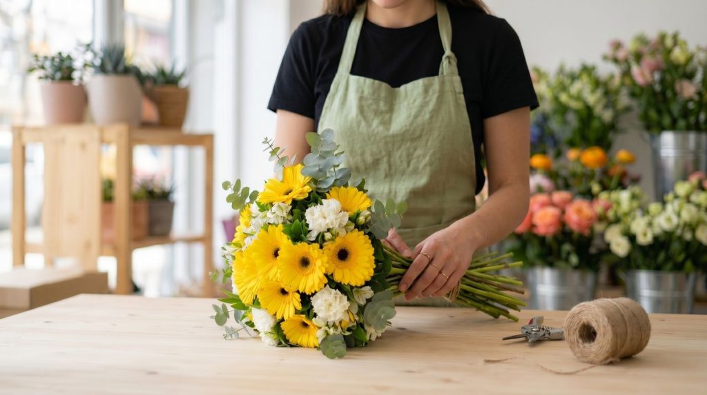 Florista con delantal verde preparando un ramo de gerberas amarillas para regalar en un cumpleaños