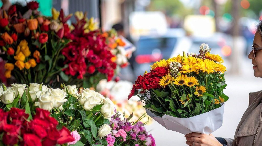 Persona eligiendo un ramo de flores entre varias opciones