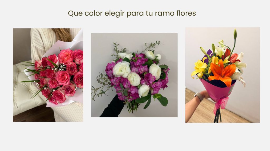 Tres ramos de flores con distintos colores, rojos, morados y tonos cálidos, colocados sobre fondo neutro