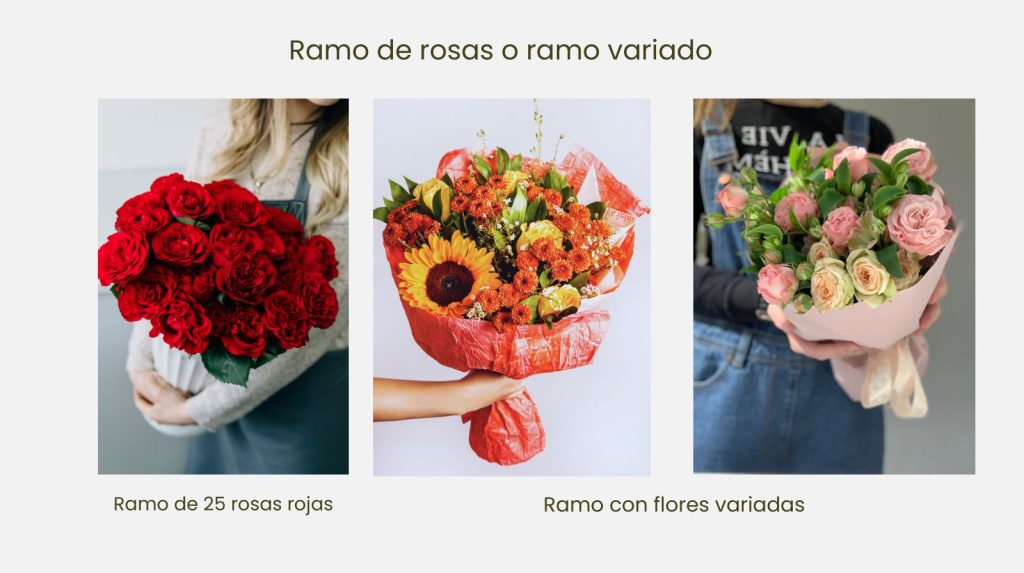 Comparativa entre ramo de 25 rosas rojas y ramo con flores variadas para regalar a la pareja