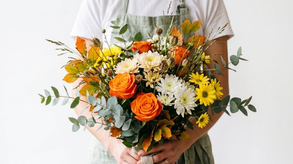 Florista sosteniendo un ramo variado con rosas naranjas y flores silvestres para regalar a la pareja