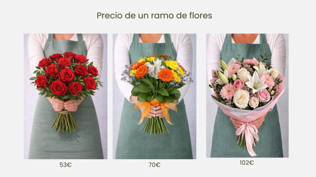 Tres ramos de flores diferentes con precios indicados debajo, uno de rosas rojas, uno variado y otro en tonos suaves